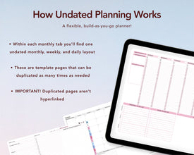 Promotional graphic for an undated digital planning planner template, showing a tablet screen with a monthly/weekly/daily layout and several planner pages fanned out below, on a pale blue background with descriptive text.