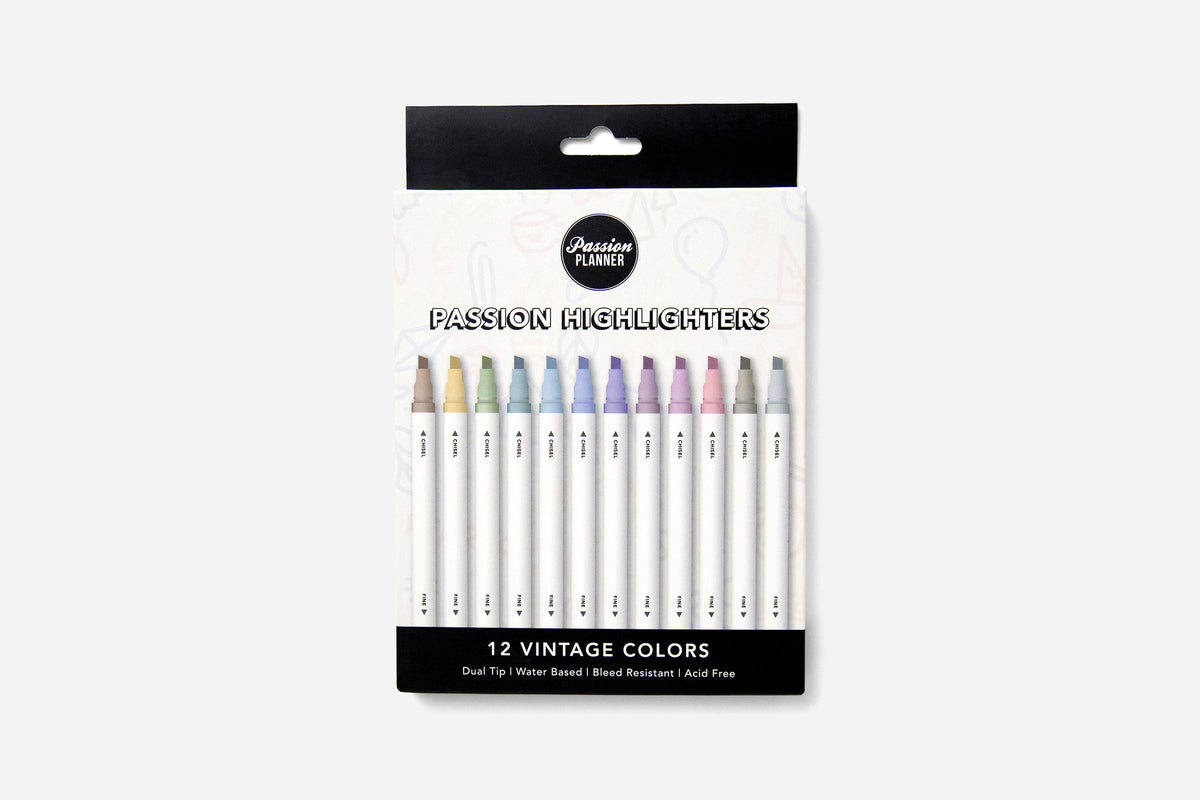 A box of 12 vintage passion highlighters on a white background