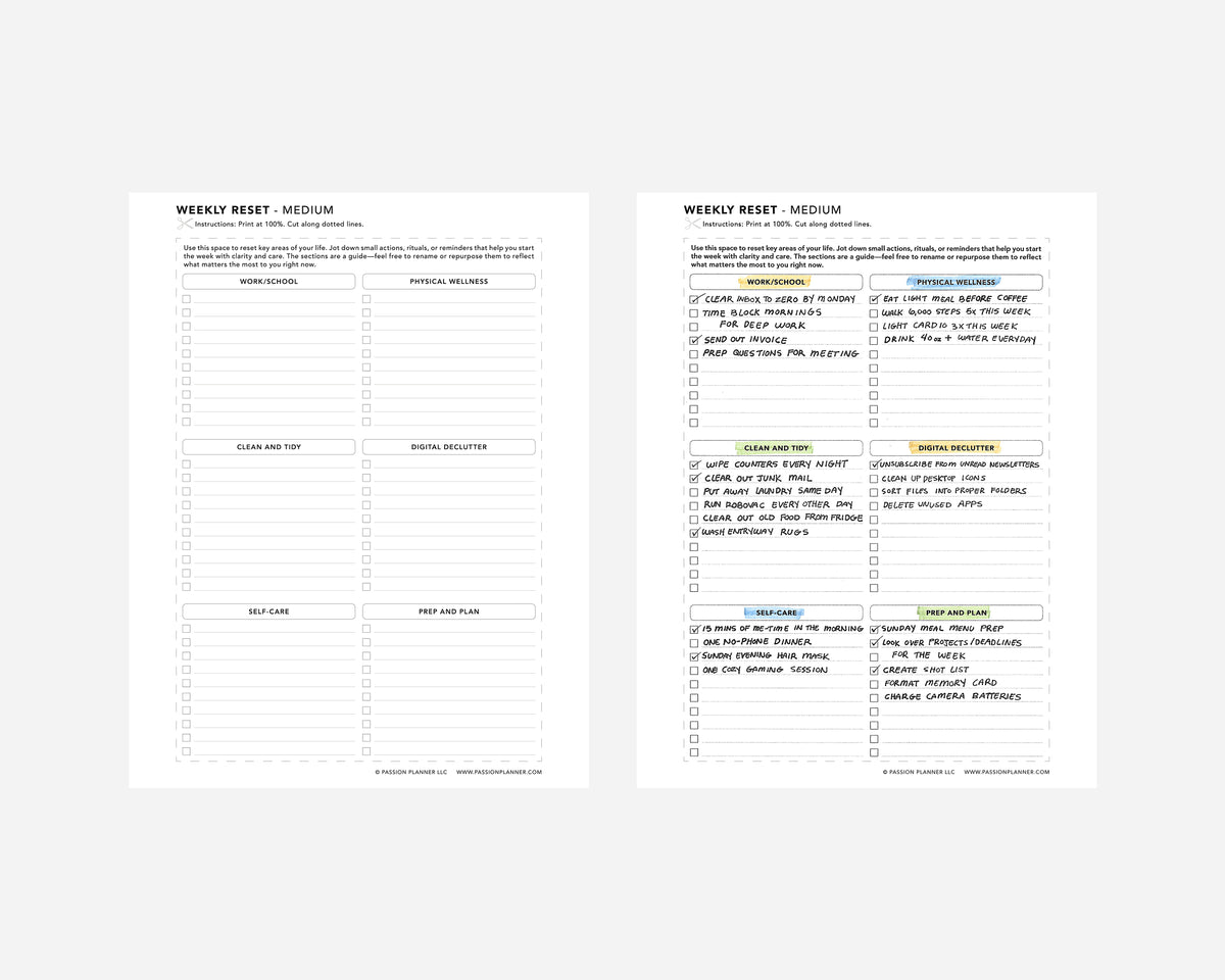 Two printed weekly reset planner sheets shown side by side on a light gray background. The left sheet is a blank checklist layout with labeled sections and checkboxes while the right sheet is filled in with hand written text and colorful highlighters.