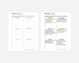 Two printed weekly reset planner sheets shown side by side on a light gray background. The left sheet is a blank checklist layout with labeled sections and checkboxes while the right sheet is filled in with hand written text and colorful highlighters.