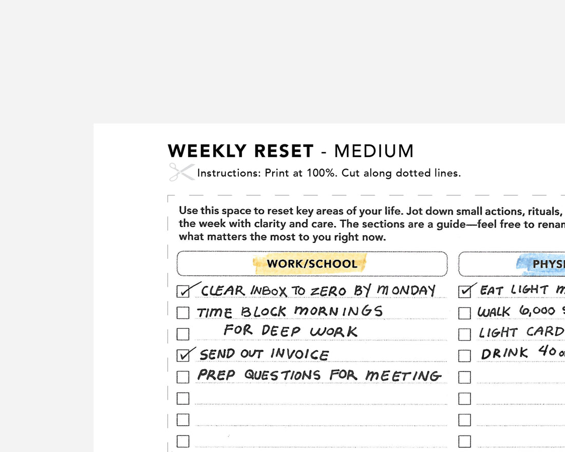 A weekly reset planner page with printed instructions at the top and a partially filled checklist below, shown on a light gray background.