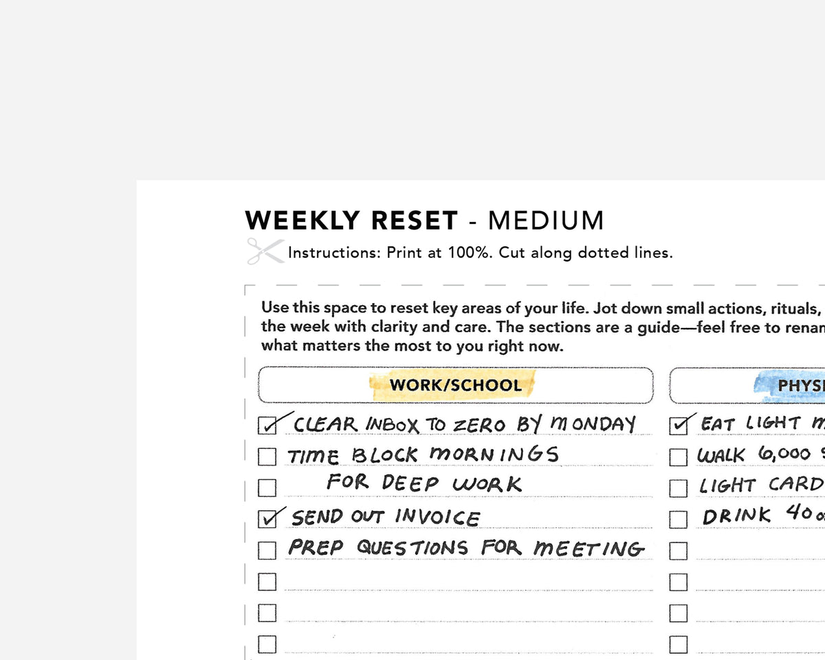 A weekly reset planner page with printed instructions at the top and a partially filled checklist below, shown on a light gray background.
