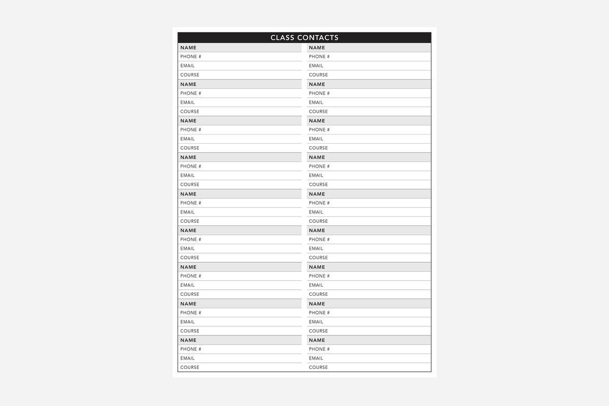 Class Contacts - Passion Planner