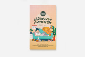 A sticker book with a cartoon illustration of a person working at a desk on the cover, titled 'Adulting, Work & Everyday Life Sticker Book'.